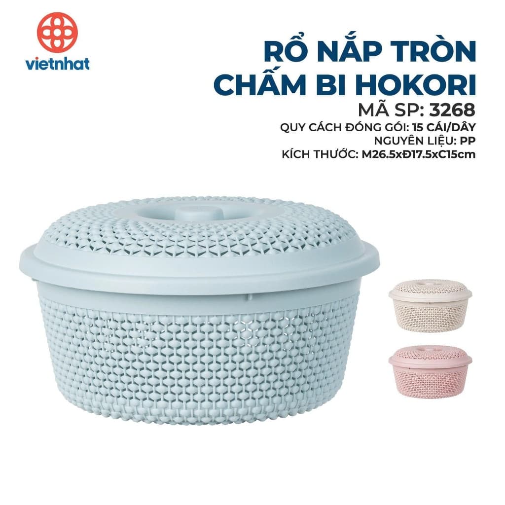 Rổ nắp tròn bi Hokori - Việt Nhật | Rổ nhựa đựng quần áo bé, đồ gia dụng tiện dụng, có nắp