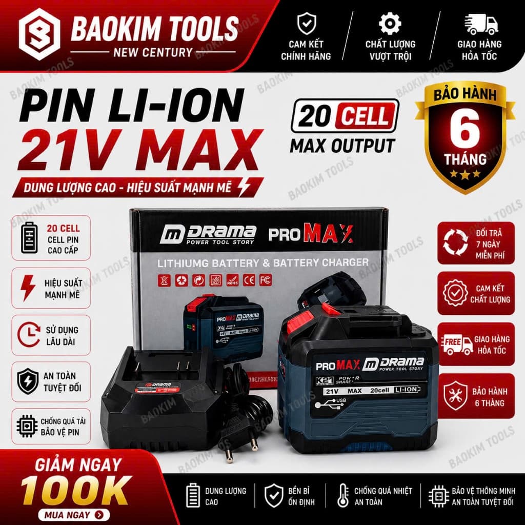 Combo Pin 20Cell DRAMA Promax XANH NAVY, Mạch 4 Mosfet, Có Cổng USB sạc điện thoại, Kèm sạc nhanh