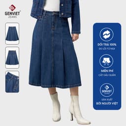 [ẨN] Chân váy xòe chữ A dài qua gối GENVIET JEANS vải denim cạp cao năng động che bụng tôn dáng 9097 1