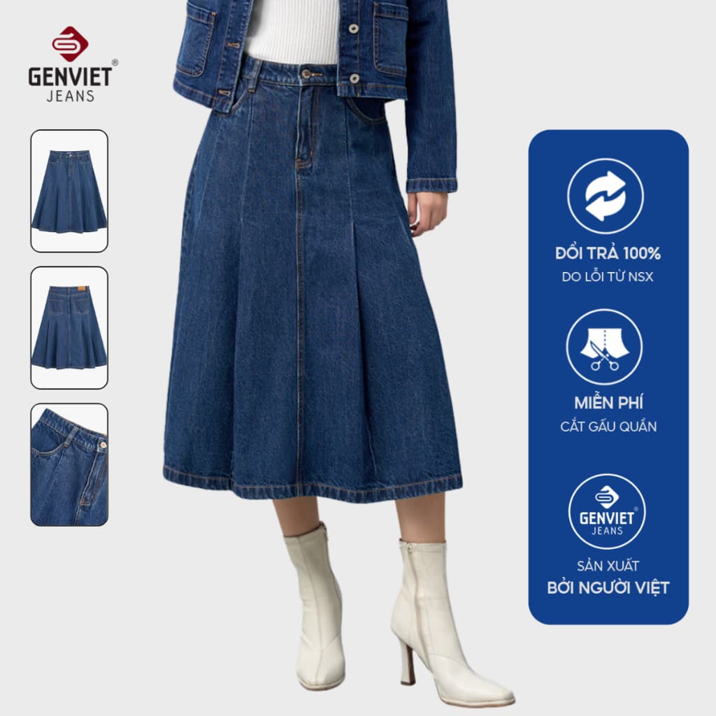 [ẨN] Chân váy xòe chữ A dài qua gối GENVIET JEANS vải denim cạp cao năng động che bụng tôn dáng 9097