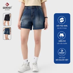 Quần short đùi nữ dáng A GENVIET JEANS cạp cap denim dáng suông xếp ly thời trang tôn dáng 9236 3