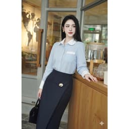 Áo sơ mi kẻ nữ Evalover cổ sen phối tay viền trắng form rộng tay dài thanh lịch ASM2025270 4
