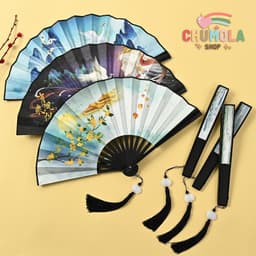 Quạt nan 28cm vải lụa cầm tay trang trí in hình phong cảnh 1