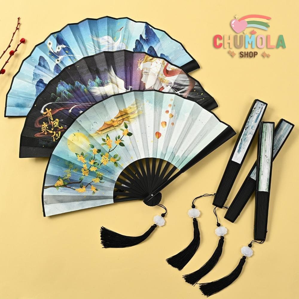Quạt nan 28cm vải lụa cầm tay trang trí in hình phong cảnh