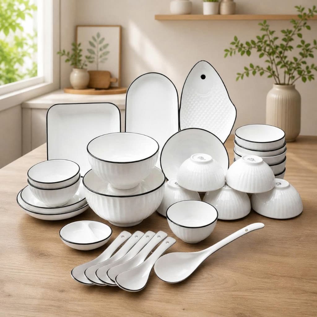 Set Tô Chén Đĩa Sứ Đĩa Cá, Bát Đĩa Đựng Đồ Ăn Tráng Men Cao Cấp Họa Tiết Sọc Trắng Viền Đen