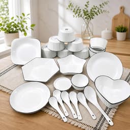 Bộ bát đĩa chén đĩa đẹp sét 21 chi tiết , tặng kèm 1 đĩa cá siêu đẹp hoa văn hoạ tiết trắng viền đen cao cấp 2