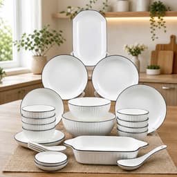 Bộ bát đĩa chén đĩa đẹp sét 21 chi tiết , tặng kèm 1 đĩa cá siêu đẹp hoa văn hoạ tiết trắng viền đen cao cấp 1