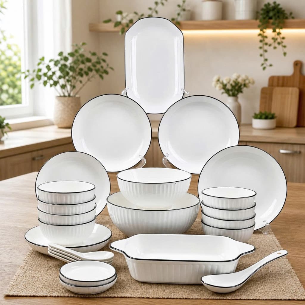 Bộ bát đĩa chén đĩa đẹp sét 21 chi tiết , tặng kèm 1 đĩa cá siêu đẹp hoa văn hoạ tiết trắng viền đen cao cấp