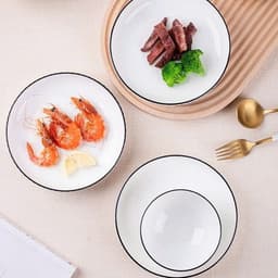 Set Tô Chén Đĩa Sứ Đĩa Cá, Bát Đĩa Đựng Đồ Ăn Tráng Men Cao Cấp Họa Tiết Sọc Trắng Viền Đen 6