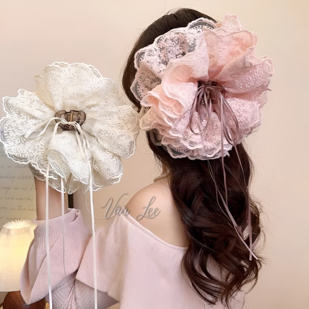 Kẹp tóc ren bản to 4 lớp 18cm – kẹp càng cua nữ phong cách tiểu thư, bồng đẹp, giữ tóc chắc - Phụ kiện Vân Lee - MS028