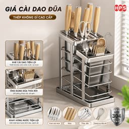 Giá Cài Dao Kéo Nhà Bếp HPS Thép Carbon Chống Gỉ Cao Cấp, Giá Đựng Dao Tích Hợp Ống Đũa Đa Năng, Có Khay Hứng Nước 1
