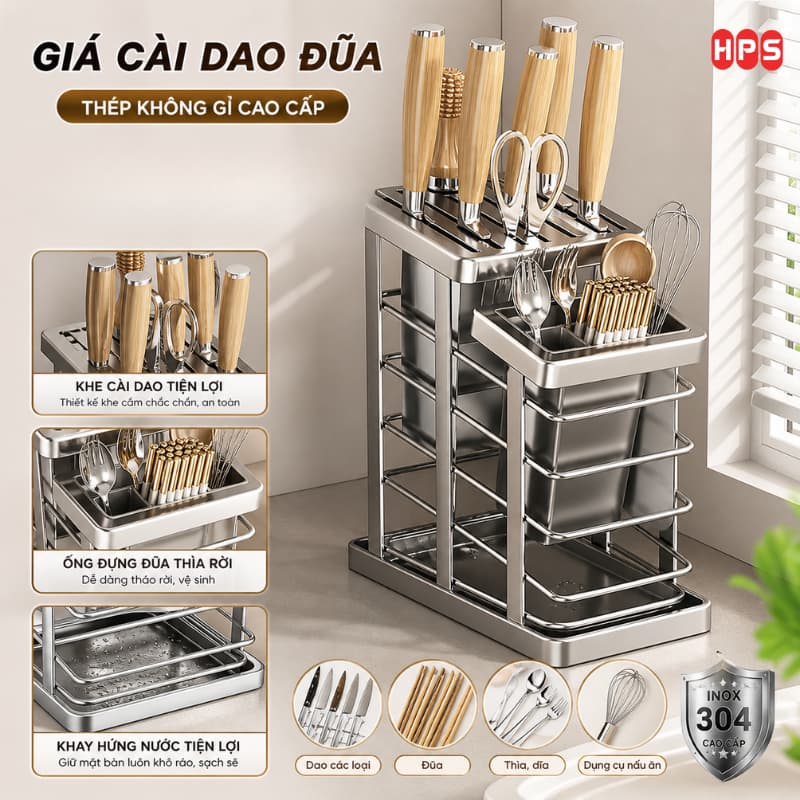 Giá Cài Dao Kéo Nhà Bếp HPS Thép Carbon Chống Gỉ Cao Cấp, Giá Đựng Dao Tích Hợp Ống Đũa Đa Năng, Có Khay Hứng Nước