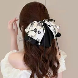 Kẹp tóc nơ dài đen trắng đính ngọc trai - phong cách Hàn Quốc, thanh lịch, dễ phối đồ - Phụ kiện Vân Lee - MS029 1