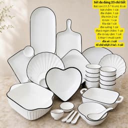 Bộ Bát Đĩa Họa Tiết Trắng Viền Đen Tráng Men Cao Cấp 19 Chi Tiết Tặng 5 Thìa sứ Cơm Và 1 Thìa Canh Sứ 2