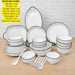 Bộ Bát Đĩa Gốm Sứ Gân Sọc Mới - Phong Cách sang trọng Tặng Thêm 5 Thìa Sứ Và 1 Muôi Canh Sứ 2