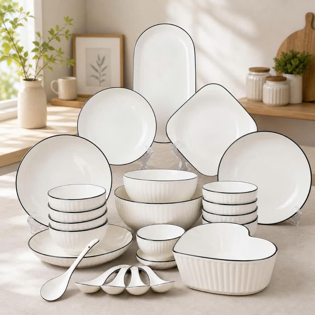 Bát đĩa bát tràng 19 chi tiết họa tiết Trắng Viền Đen, Set tô chén dĩa sứ ăn cơm gia đình hàng nhập khẩu cao cấp