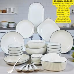 Bát đĩa bát tràng 19 chi tiết họa tiết Trắng Viền Đen, Set tô chén dĩa sứ ăn cơm gia đình hàng nhập khẩu cao cấp 2