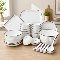 Bộ Tô Chén Đĩa Sứ 19 Món Họa Tiết Trắng Viền Đen Tặng kèm 5 Thìa Sứ , 1 Muôi Canh Sứ 1