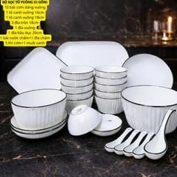 Bộ Tô Chén Đĩa Sứ 19 Món Họa Tiết Trắng Viền Đen Tặng kèm 5 Thìa Sứ , 1 Muôi Canh Sứ 2