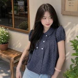 Áo babydoll cổ sen 6 cúc xinh xắn kiểu kẻ caro 6