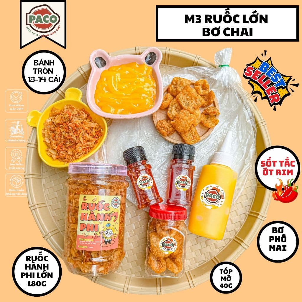 [M3-6 MÓN] combo bánh tráng phơi sương M3 6 món Paco Food bánh tráng,ruốc hành phi hủ lớn, tóp mỡ, bơ phô mai,sốt tắc,ớt