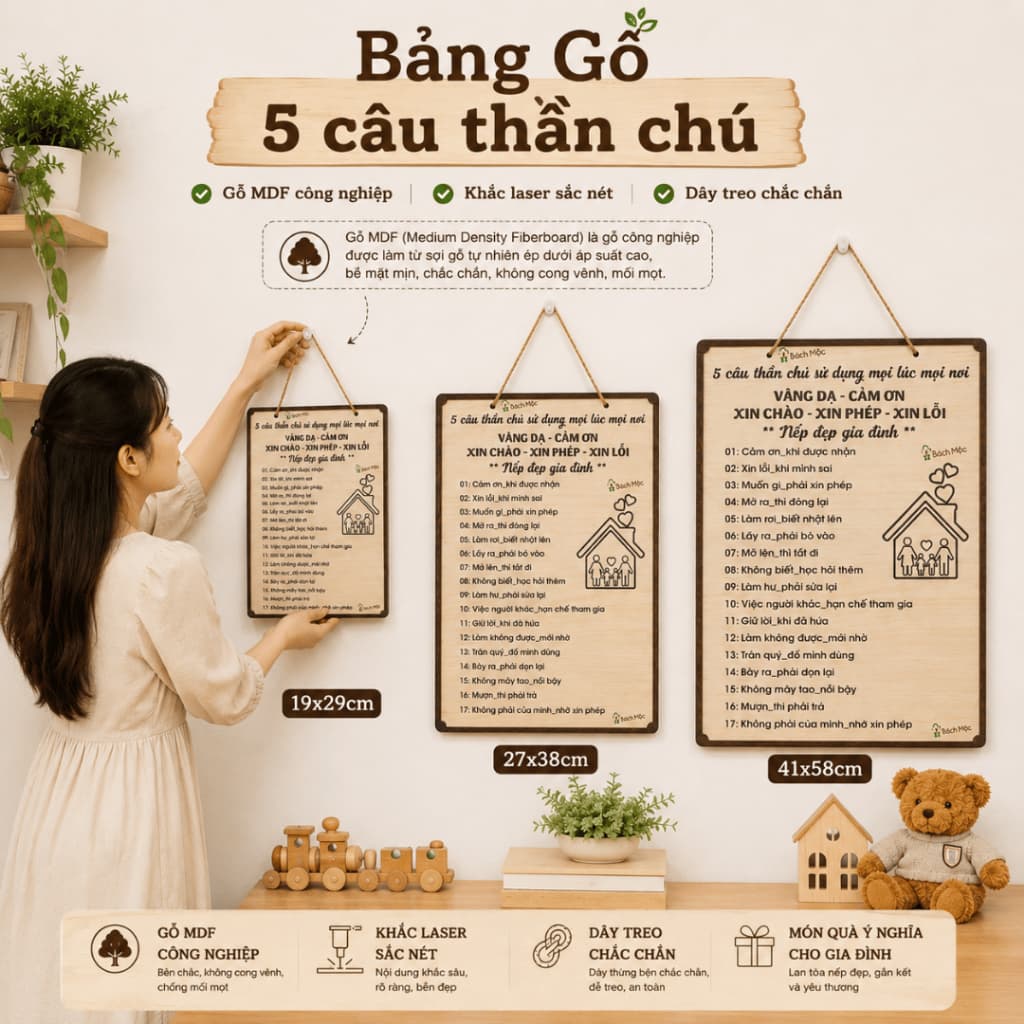 Bảng Gỗ 5 Câu Thần Chú, Bảng Treo Quy Tắc Gia Đình Ý Nghiã Treo Trang Trí Nhà [Đủ Size]