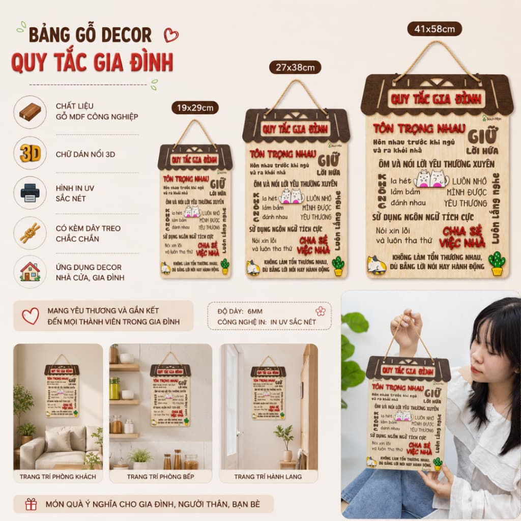 Bảng Gỗ Quy Tắc Gia Đình Siêu Hot, Tranh Gỗ Treo Trang Trí Nhà Của, Gia Đình [Đủ Size]