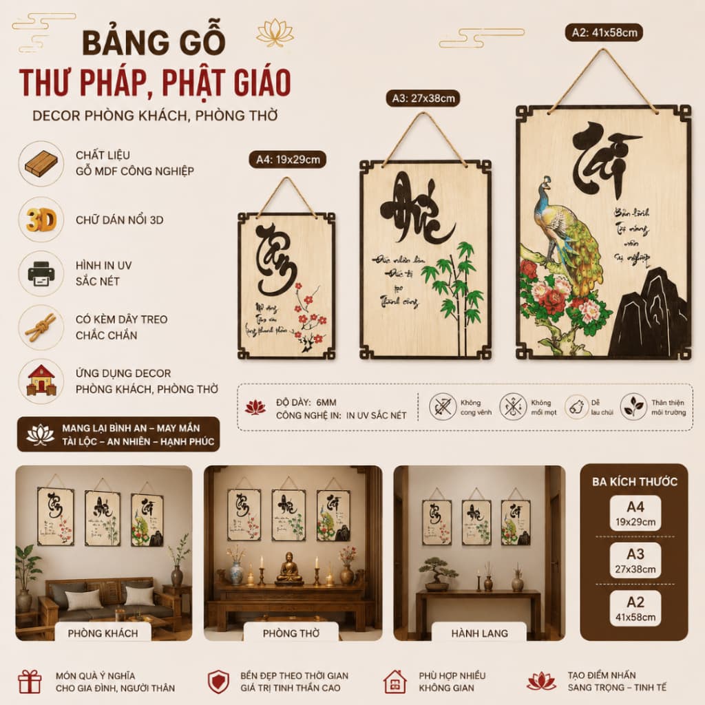 Bảng Gỗ Decor Chủ Đề Thư Pháp, Phật Giáo - Tranh Chữ Thư Pháp Decor Phòng Khách, Phòng Thờ