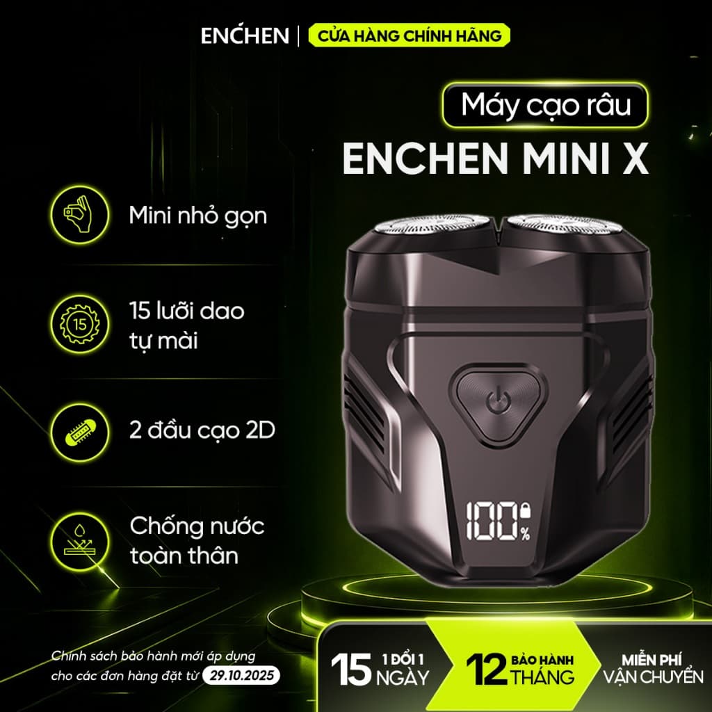 Máy cạo râu Enchen Mini X, 15 lưỡi dao tự mài, đầu cạo 3D chống nước toàn thân - BH 12 tháng
