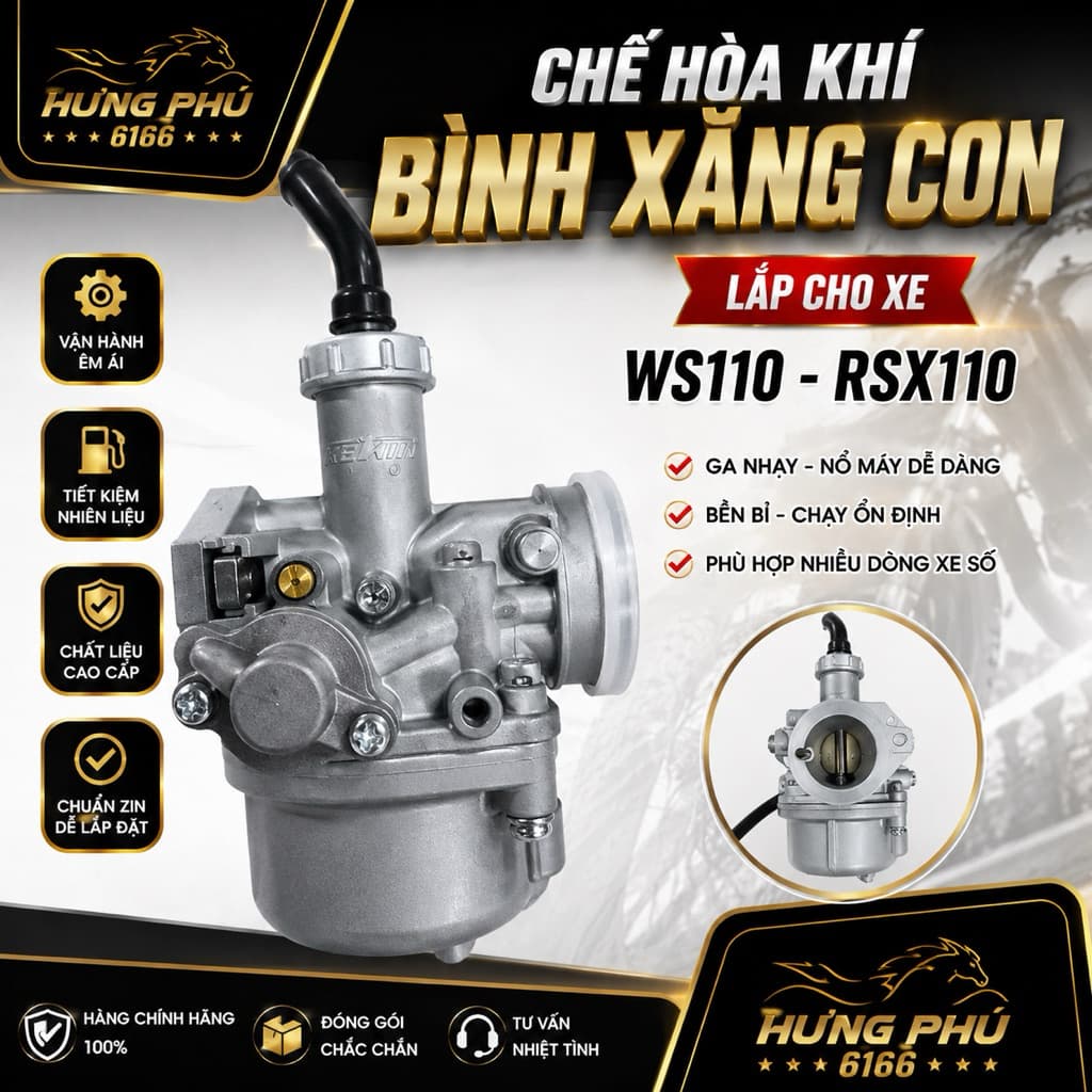 Chế  hoà khí bình xăng con ws110 indo (hộp vàng)