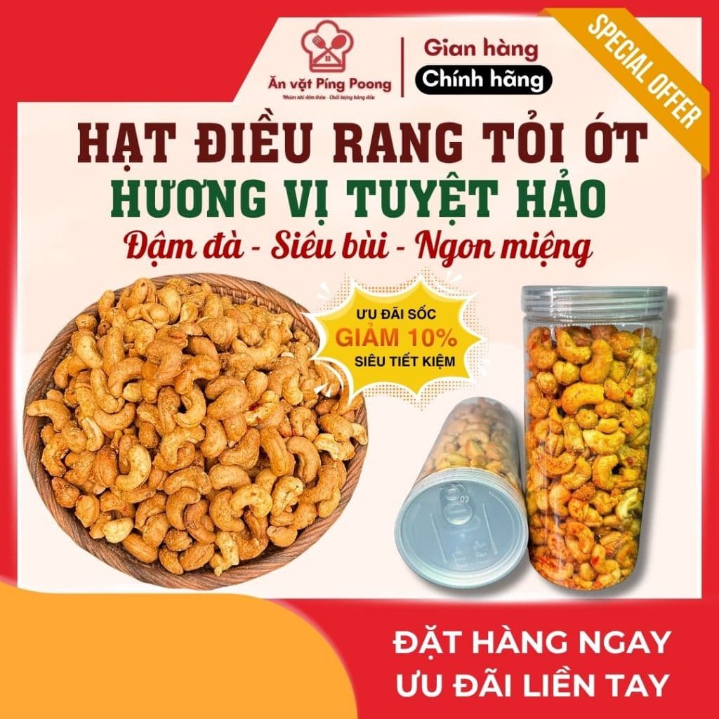 Hạt Điều Rang Tỏi Ớt Hương Vị Truyền Thống Qùa Biếu Tết, Snack Hạt Ăn Liền Giòn Thơm Vị Cay Mặn Ngọt