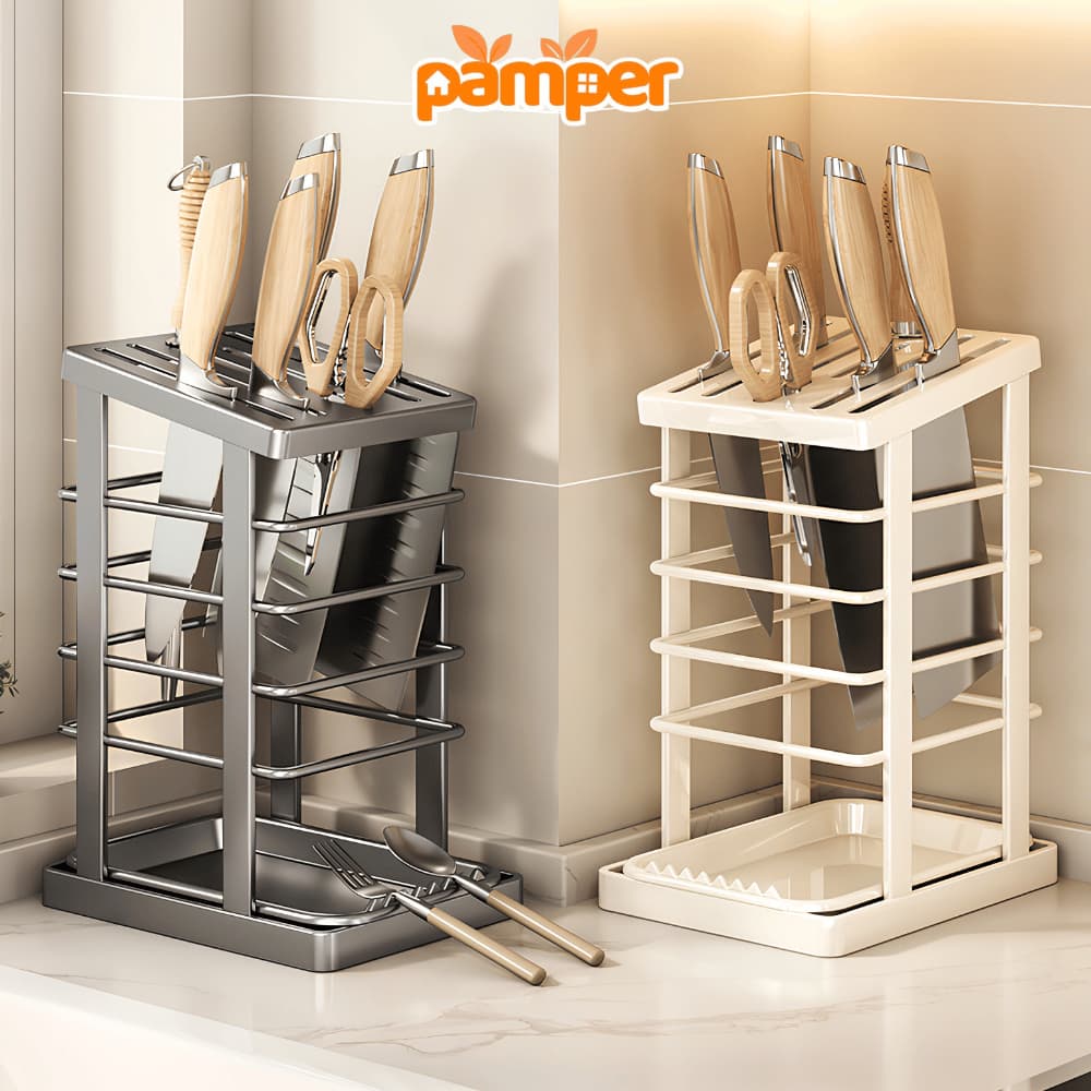Giá Cài Dao Kèm Ống Đựng Đũa Thìa Thép Carbon Chống Gỉ Cao Cấp PAMPER Có Khay Hứng Nước Tiện Lợi