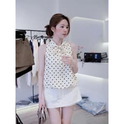 Áo chấm bi cổ bẻ buộc nơ dáng bí phồng hàng 2 lớp GIGI TOP 5
