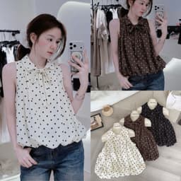 Áo chấm bi cổ bẻ buộc nơ dáng bí phồng hàng 2 lớp GIGI TOP 1