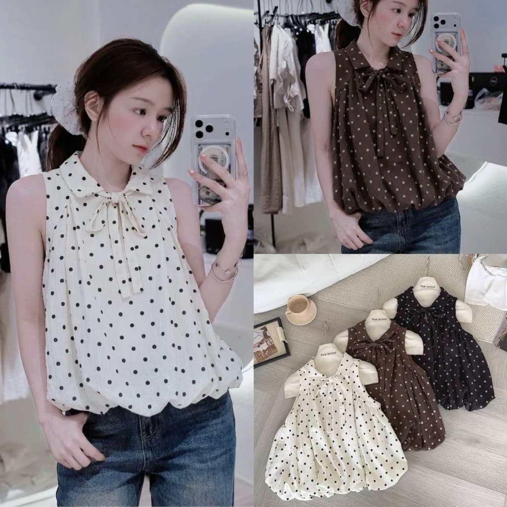 Áo chấm bi cổ bẻ buộc nơ dáng bí phồng hàng 2 lớp GIGI TOP