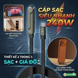 [HOT 2026] Cáp Sạc Siêu Nhanh 2 In 1, Công Suất 240W, Type C to C, Xoay Gập 360 Độ Làm Giá Đỡ Điện Thoại Đa Năng 1