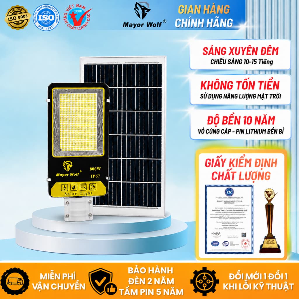 Đèn Bàn Chải Năng Lượng Mặt Trời MayorWolf 800W Nhôm Đúc, Cho Sân Vườn, Kho Bãi, Bãi Xe