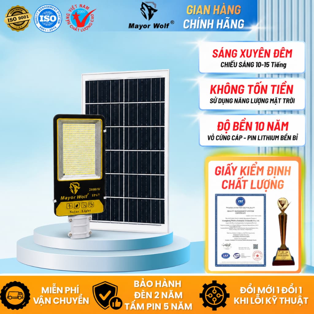 Đèn Đường Bàn Chải Năng Lượng Mặt Trời MayorWolf 2000W Nhôm Đúc, Cho Kho Bãi, Đường Đi, Bãi Xe MW.BC22000