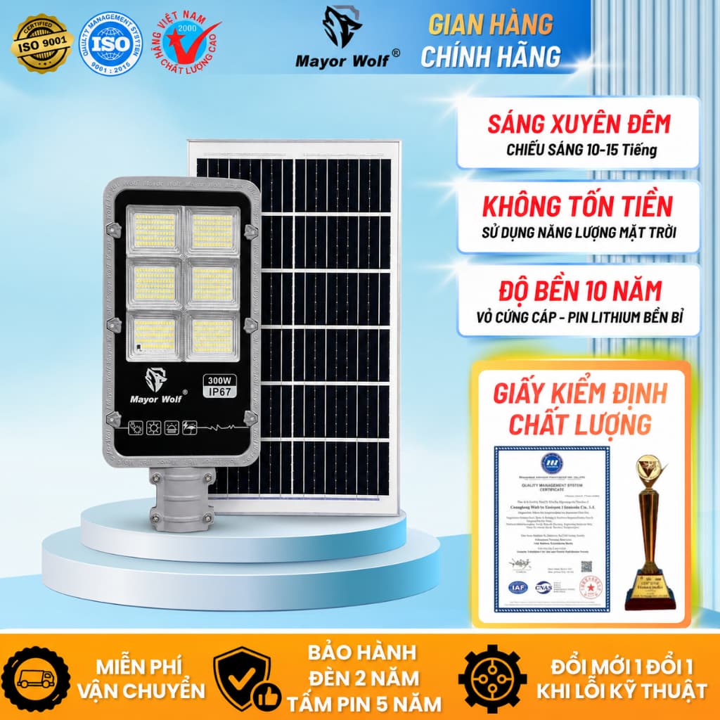 Đèn Bàn Chải Năng Lượng Mặt Trời Mayor Wolf 300W, Chiếu Sáng Sân Vườn, Kho Bãi, Đường Đi MW.BC300
