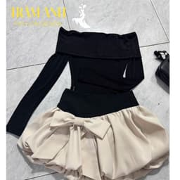 set đồ nữ sang chảnh-áo váy trễ vai tay dài, chân váy xòe cạp cao-đi chơi-đi làm-đi tiệc dễ thương-sang chảnh 6