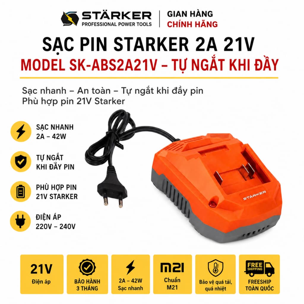 Sạc Pin Starker 21V 2A SK-ABS2A21V Chính Hãng Tự Ngắt Khi Đầy Pin