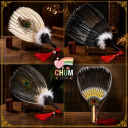 Quạt Lông Khổng Minh Gia Cát Lượng Khổng Tước Phong Cách Trung Hoa - Hình Bát Quái Phong Thủy Phụ Kiện Decor Cosplay 1