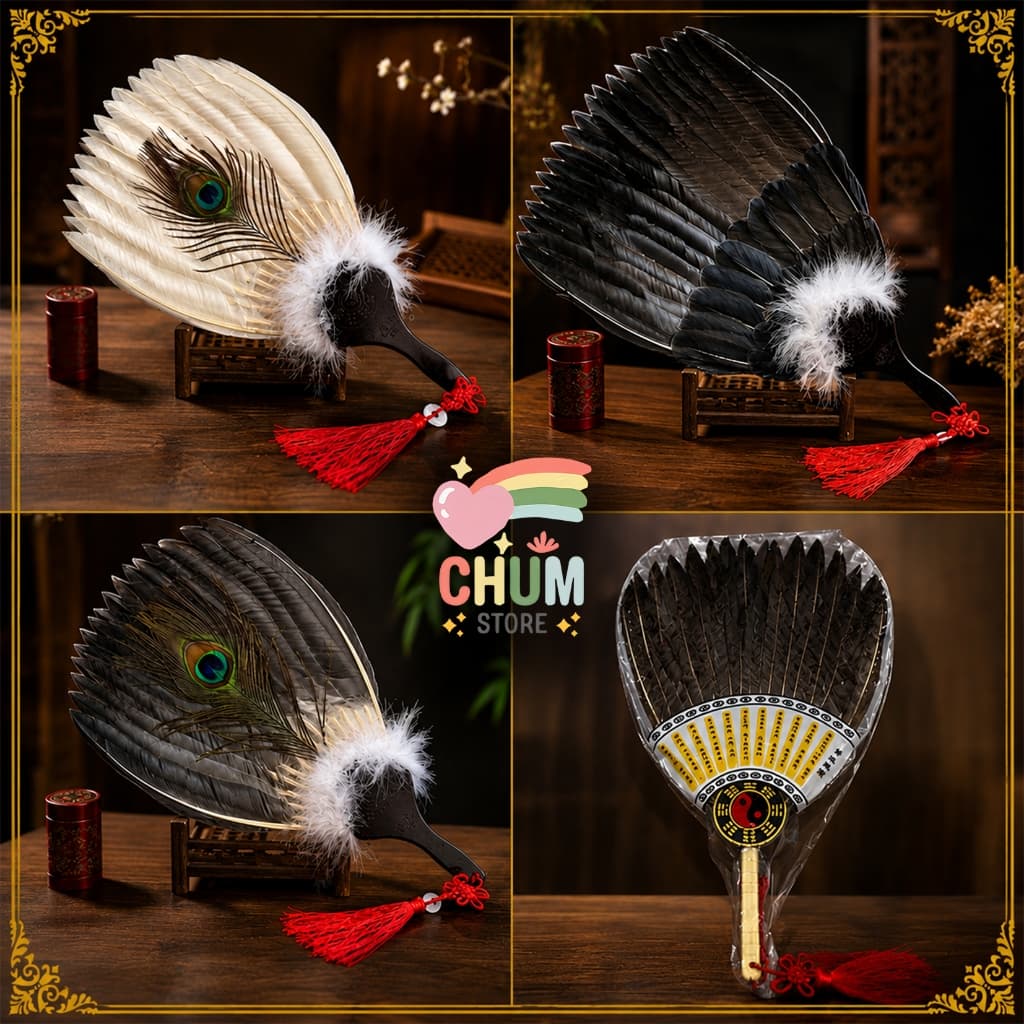 Quạt Lông Khổng Minh Gia Cát Lượng Khổng Tước Phong Cách Trung Hoa - Hình Bát Quái Phong Thủy Phụ Kiện Decor Cosplay