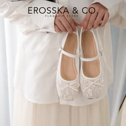 EROSSKA - Giày nữ ballet core lưới quai ngang phối nơ màu trắng kiểu dáng basic màu kem  - EL085 2
