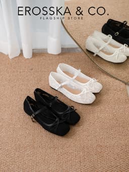 EROSSKA - Giày nữ ballet core lưới quai ngang phối nơ màu trắng kiểu dáng basic màu kem  - EL085 17