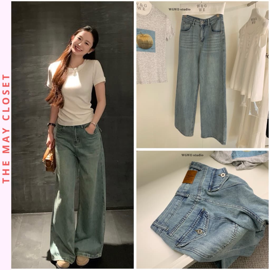 𝑨𝒏𝒏𝑺𝒕𝒖𝒅𝒊𝒐 /𝐖𝐆𝐖𝐄/ Quần Jean Suông Màu Xanh Bạc WG.WE 9527, Quần Jean Nữ Ống Rộng Lưng Cao Phối Túi Sau