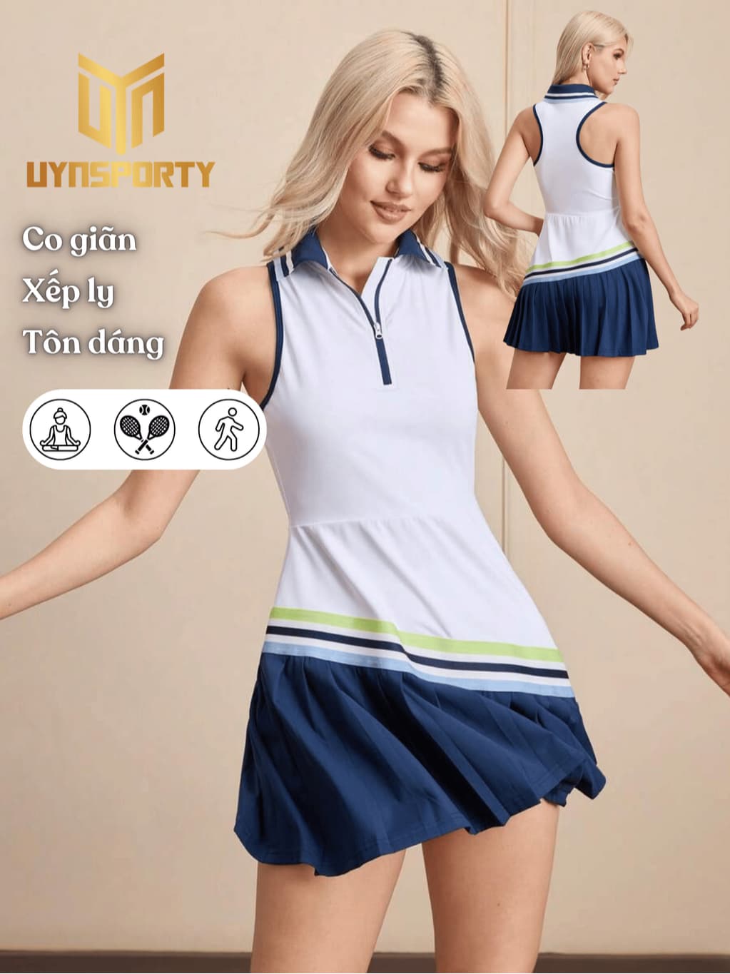 Váy Pickleball Nữ UYNSPORTY Không Tay Cổ Polo Khóa Kéo Phối Sọc Kèm Quần Shorts, Bộ Đồ Pickleball Nữ