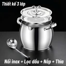 Âu Lọc Dầu Inox Có Nắp Đậy Size 1-3 Lít, Tặng Lọc Dầu Tặng Thìa, Có Tay Cầm, Tích Trữ Dầu Mỡ Đa Năng 5