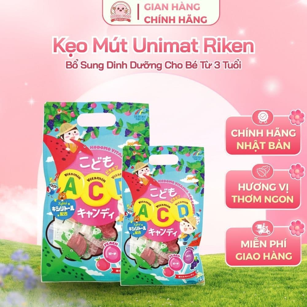 [Nội địa Nhật] Kẹo mút Unimat Riken bổ sung vitamin A C D vị Nho Đào 80g 
