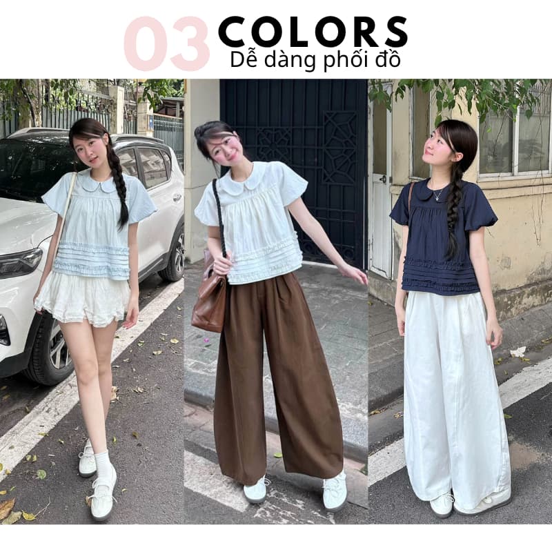 Áo Babydoll Cổ Sen Tay Bồng Bèo Dưới Xếp Ly Su Chang Gió Hàn - Áo Kiểu Thiết Kế Tiểu Thư  A860